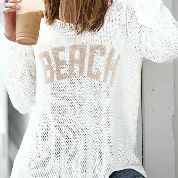 White Casual Women's Loose Letter Print Long Sleeve Knitted Pullover - Picture 3 of 3